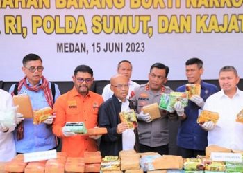 Kapolda Sumut Irjen Panca Putra Simanjuntak bersama Komisi III DPR RI musnahkan narkoba menggunakan mesin incenarator. (Foto Ist)